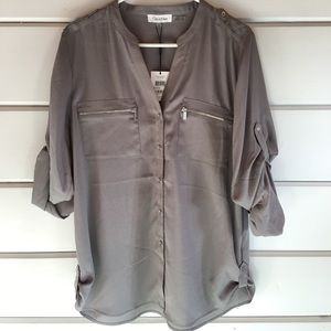 NWT Calvin Klein Roll Sleeve Top - Silver Gray